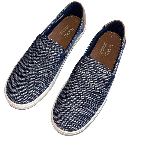 Toms Size 6 youth boys Luca Navy striped chambray slip on shoes New - Picture 6 of 9